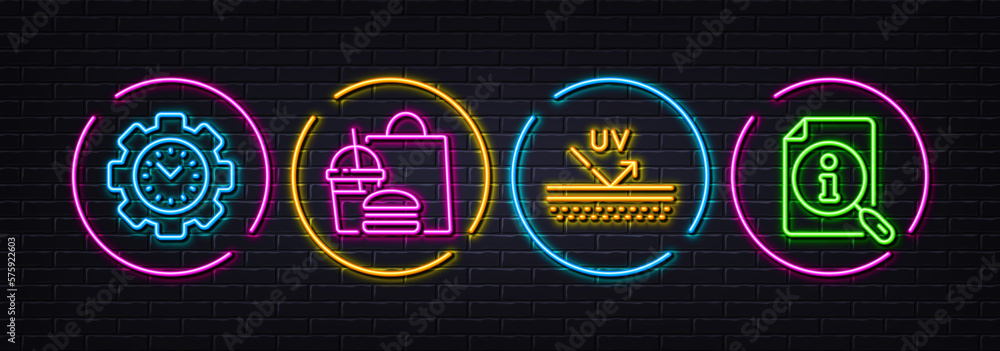 Uv protection, Time management and Fast food minimal line icons. Neon laser 3d lights. Search icons. For web, application, printing. Skin cream, Settings, Meal order. Find info. Vector