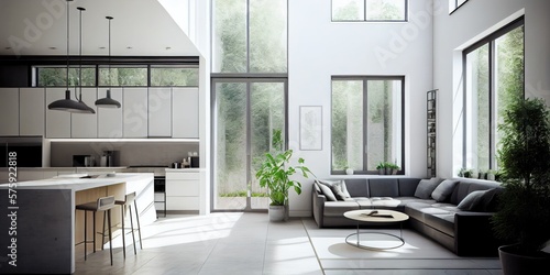 Interior design  perspective of a living room and kitchen with an island  large windows with natural light  light colors  greenery  modern furniture  skylight  modern minimalist design. Generative AI.