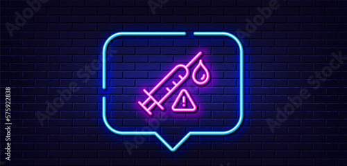 Neon light speech bubble. Vaccine attention line icon. Vaccination syringe warning sign. Jab symbol. Neon light background. Vaccine attention glow line. Brick wall banner. Vector