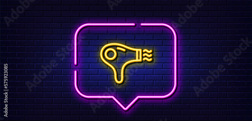 Neon light speech bubble. Hair dryer line icon. Hairdryer sign. Hotel service symbol. Neon light background. Hair dryer glow line. Brick wall banner. Vector