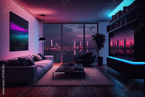Luxurious minimalist apartment city river views neon lights. Generative AI.