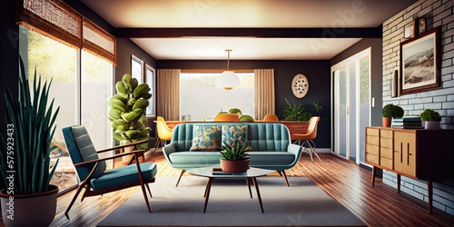 Mid-century modern living room with leather sofa, geometric rug. Retro and vintage style. Generative AI. 