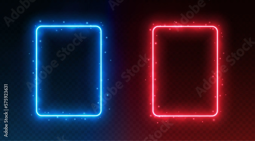 Neon rectangle frames, glowing borders with smoke and sparkles, versus fight competition, sports confrontation concept. Social media design element. Vector illustration.