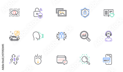 Car service, Face id and Cyber attack line icons for website, printing. Collection of Data analysis, Security lock, Photo album icons. Shield, Love book, Consultant web elements. Vector