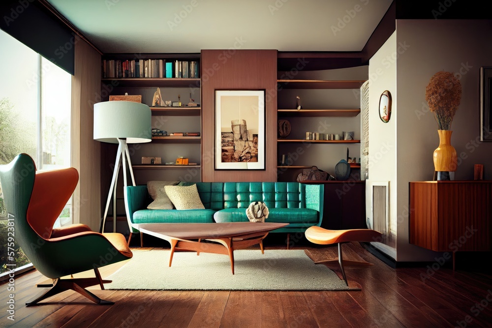 Mid-century modern living room with leather sofa, geometric rug. Retro
