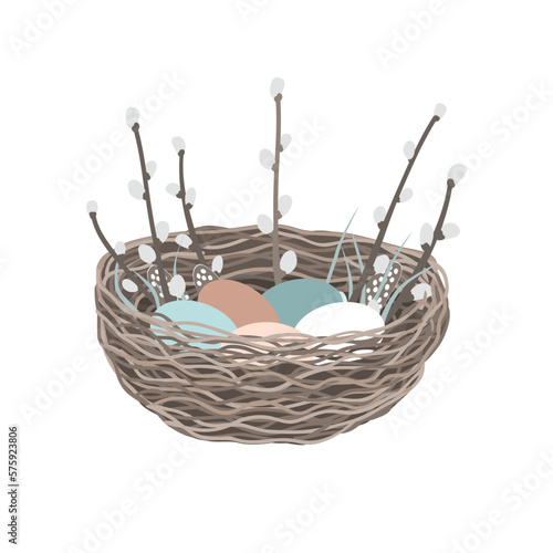 Nest with colorful eggs and pussy willow branches. Happy Easter card. Woven nest design element isolated on white background, vector illustration.