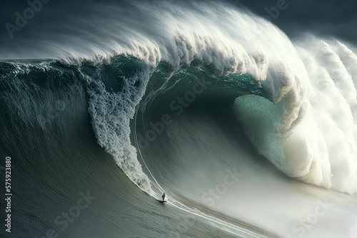 surfer surfing a extreme huge wave on Nazare. generative ai photo