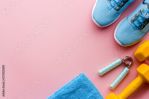 Fitness flatlay with workout sport tools, top view