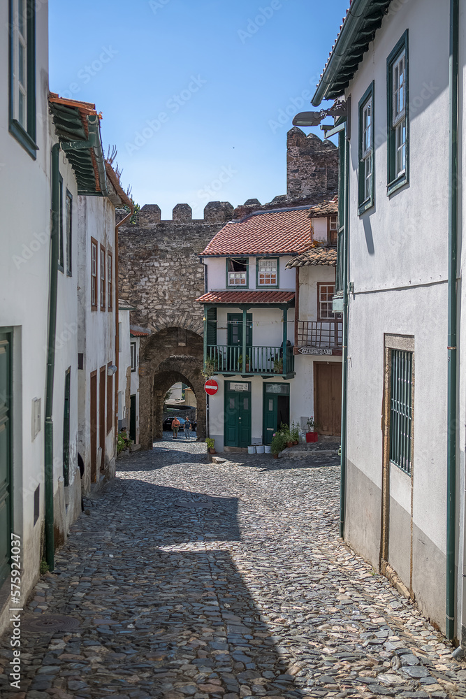 View of portuguese traditional road inside Bragança castle fortress, typical and traditional north Portugal architecture, front gate entrance fortress