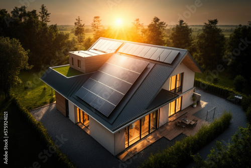 photovoltaic solar panels in modern house roof. sustainable energy concept. generative ai
