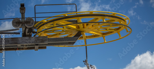 Detailed view of a mechanical industrial bullwheels system, normally used in sky systems chairlift's upper terminal photo