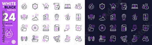 Documentation, Coins bags and Mountain flag line icons for website, printing. Collection of Medical shield, Timer, Organic tested icons. Money bag, Augmented reality, Like hand web elements. Vector