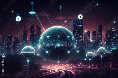 global internet communication network and wireless connected city background. generative ai © ArgitopIA