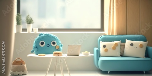 cartoon style, cute teen girl room interior, pastel colors, generative AI