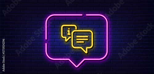 Neon light speech bubble. Information line icon. Info speech bubble sign. Help inform symbol. Neon light background. Info glow line. Brick wall banner. Vector