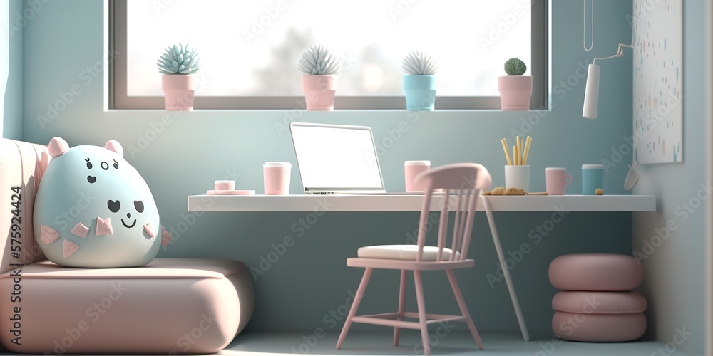 cartoon style, cute teen girl room interior, pastel colors, generative AI