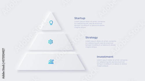 Neumorphic pyramid element for infographic. Skeuomorph concept with 3 options, parts, steps or processes.