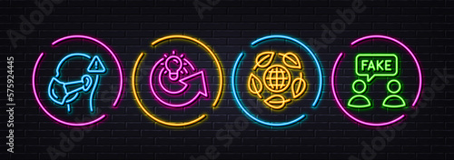 Share idea, Medical mask and Eco organic minimal line icons. Neon laser 3d lights. Fake information icons. For web, application, printing. Solution, Face respirator, Bio ingredients. Vector
