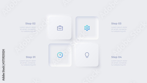 Neumorphic buttons for infographic. Template for diagram, graph, presentation and chart. Skeuomorph concept with 4 options, parts, steps or processes