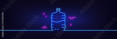 Neon light glow effect. Water cooler bottle line icon. Still aqua drink sign. Liquid symbol. 3d line neon glow icon. Brick wall banner. Cooler bottle outline. Vector