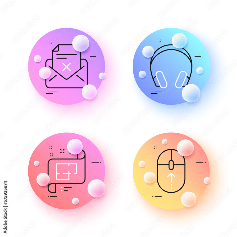 Reject letter, Architectural plan and Swipe up minimal line icons. 3d spheres or balls buttons. Headphones icons. For web, application, printing. Delete mail, Technical project, Scrolling page. Vector Reject letter, Architectural plan and Swipe up minimal line icons. 3d spheres or balls buttons. Headphones icons. For web, application, printing. Delete mail, Technical project, Scrolling page. Vector