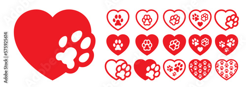 Heart shape with animal footprint track contour. Love icon vector design elements for eco protection logo, sticker print and decoration design. Modern animal care design concept