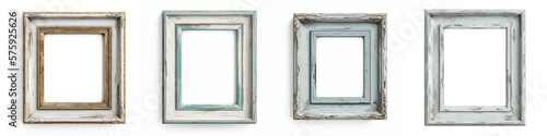 Set four Wooden vintage frame for photos, pictures. Scratched white paint mockup. Top view. Flatlay. Isolated card design element, scrapbooking. AI generated. Transparent background, PNG.