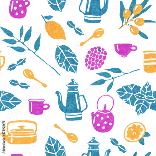 The pattern on a white background includes teapots  cups  lemons  mint leaves and a branch of sea buckthorn and blackberries