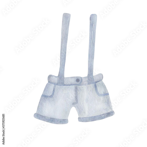 Watercolor illustration. Hand painted blue shorts with braces, pockets, zipper and button for babies. Outfit for little boys. Baby clothes in grey color. Isolated clip art for shop banners, posters