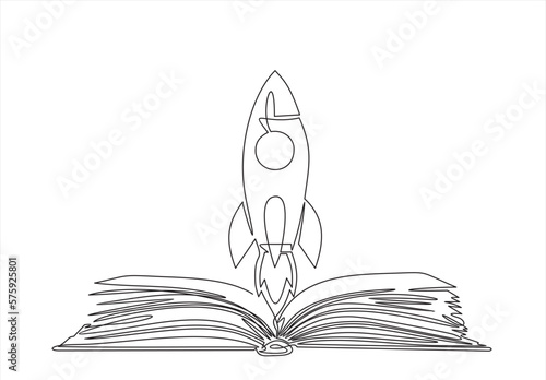 One line drawing of rocket spaceship and book graduation for dream,imagination,creativity conceptual. Continuous line art vector illustration