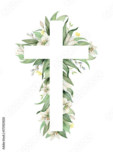 Christian vector Cross made of green leaves and white Lily flowers.