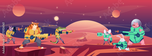 Shooting with aliens. Space universe battle fantasy armored animals shooting exact vector cartoon war background