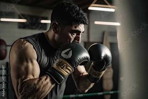 Man training boxing at gym. Ai generative. © Nataly
