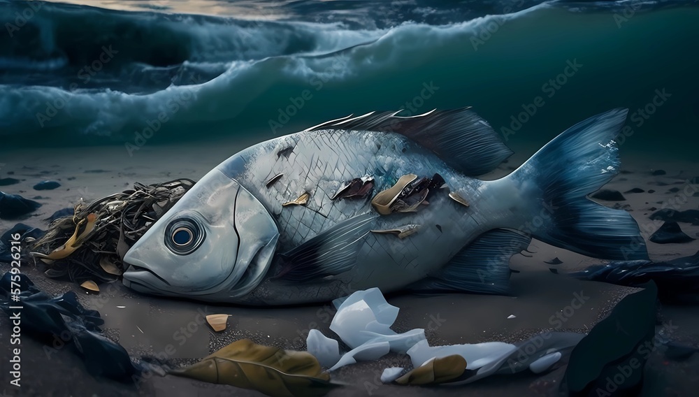 A fish that died because of plastic. Generative AI.