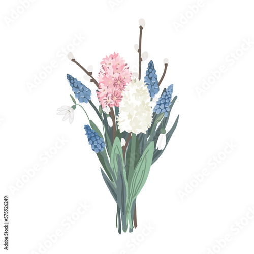 Bouquet of spring flowers. Vector illustration greeting card. Snowdrops, hyacinth, muscari, and pussy willow branches