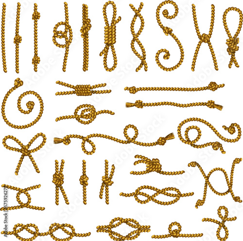 Rope pieces. Curved marine rope pieces with knot recent vector illustrations collection