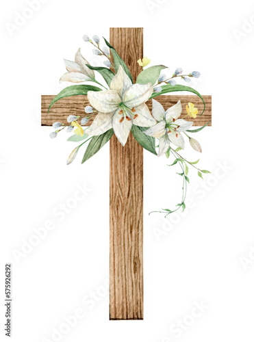 Christian vector Cross made of green leaves and white Lily flowers.