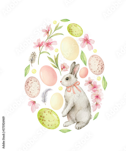 Watercolor vector illustration in the shape of an egg with flowers and a bunny.