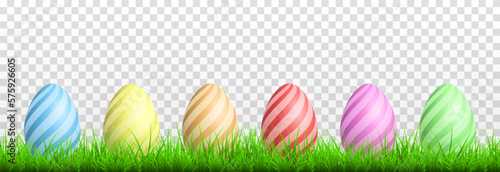 Painted eggs on the grass on an isolated transparent background. Easter eggs png, grass png. Easter banner. Easter, holiday. Vector illustration.