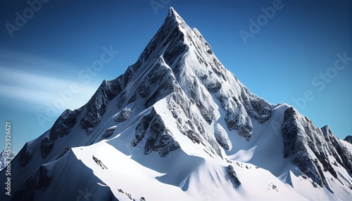 A snow-covered mountain peak with a crisp white coating of snow against a clear blue sky. The mountain has steep  rugged sides that are visible despite the blanket of snow.