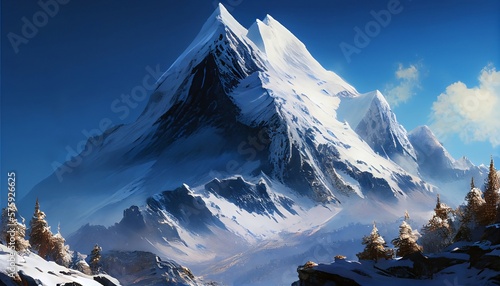 A snow-covered mountain peak with a crisp white coating of snow against a clear blue sky. The mountain has steep, rugged sides that are visible despite the blanket of snow.