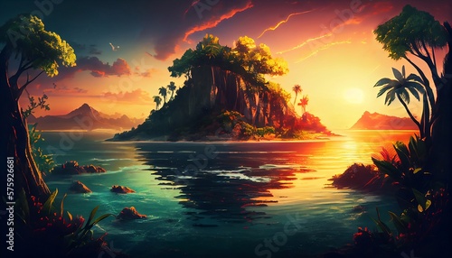 A stunning tropical island with lush greenery, surrounded by a calm and clear sea. In the background, a vibrant sunset fills the sky with shades of orange, pink, and purple.