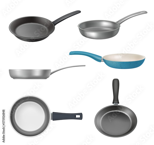 Frying pan. Kitchen tools frying container decent vector realistic pan