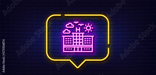 Neon light speech bubble. Hotel line icon. Travel sign. Holidays building symbol. Neon light background. Hotel glow line. Brick wall banner. Vector