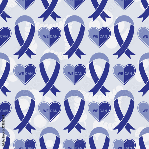 Seamless pattern for colorectal cancer awareness month with ribbon dan heart. CMYK color mode ready to print.