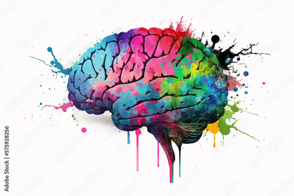 Brain illustration watercolor vivid colorful splashes style. Mental health awareness month. - obrazy, fototapety, plakaty 