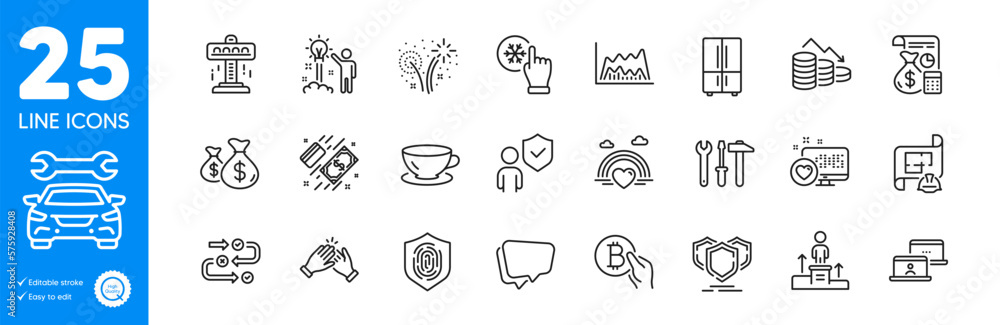 Outline icons set. Fireworks, Coins bags and Lgbt icons. Engineering plan, Money loss, Accounting web elements. Bitcoin pay, Trade chart, Outsource work signs. Clapping hands. Vector Outline icons set. Fireworks, Coins bags and Lgbt icons. Engineering plan, Money loss, Accounting web elements. Bitcoin pay, Trade chart, Outsource work signs. Clapping hands. Vector
