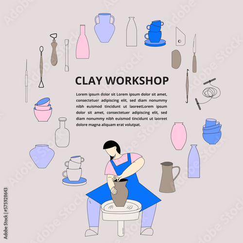 Woman making clay vase at pottery workshop. Set of ceramics tools and crockery. Invitation to clayware crafting class. Handmade bowl, mug, plate, jug. Colorful vector illustration in flat style.