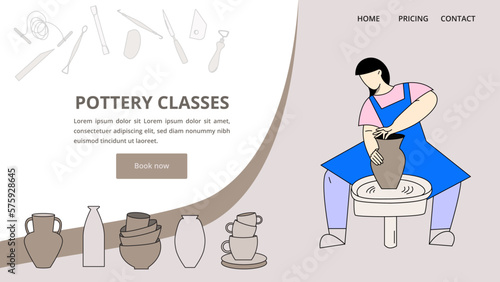 Workshop teaching pottery making. Woman making clay vase at ceramics class behind potter’s wheel. Set of clay objects and tools. Landing page or banner template. Colorful vector illustration in flat.