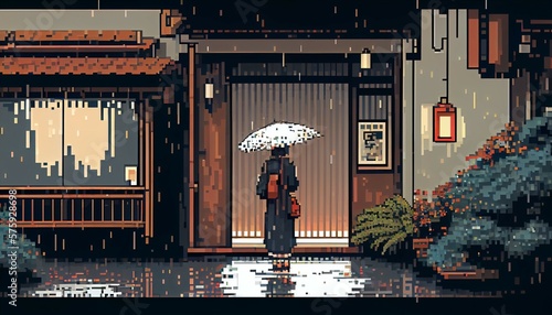 Girl with umbrellas in the rain in front of the gate in Japanese style